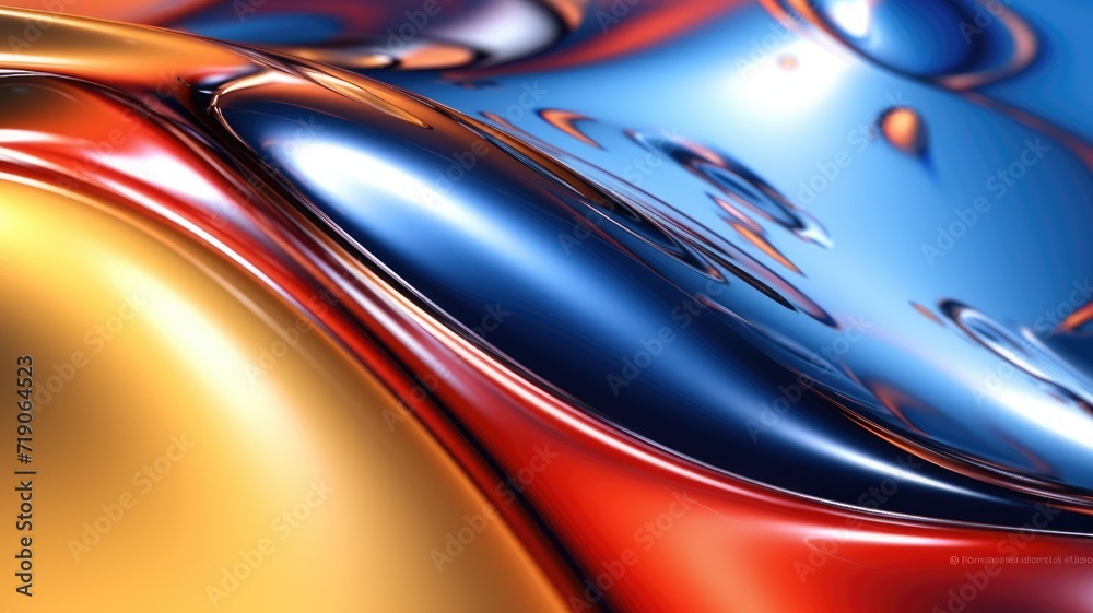 The close up of a glossy liquid surface abstract in red, yellow, and blue colors with a soft focus. 3D illustration of exuberant. generative AI - obrazy, fototapety, plakaty 