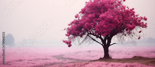 Misty Blossom  A Captivating Pink Tree Enveloped in a Foggy Field. Natural landscape wallpaper background