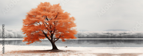 A splendid painting capturing the serene beauty of a snow-covered orange tree amidst a peaceful winter landscape. Natural wallpaper background