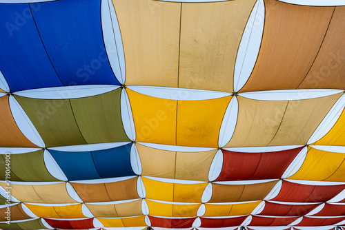 Colorful canvas fabric roof and steel structure, multicolor fabric tensile roof.
