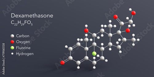 dexamethasone molecule 3d rendering, flat molecular structure with chemical formula and atoms color coding photo