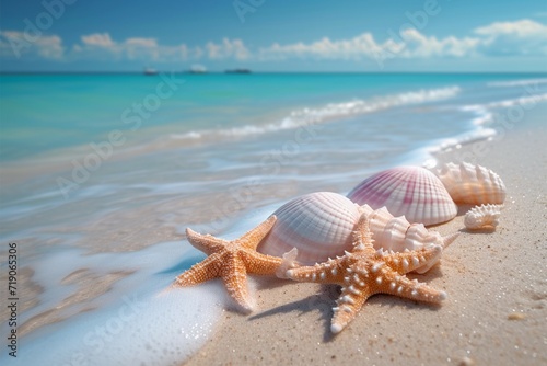 Beach bliss Pastel seashells, starfishes on tranquil sandy shoreline paradise