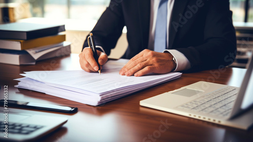 Man writing legal documents sitting in office - ai generative photo