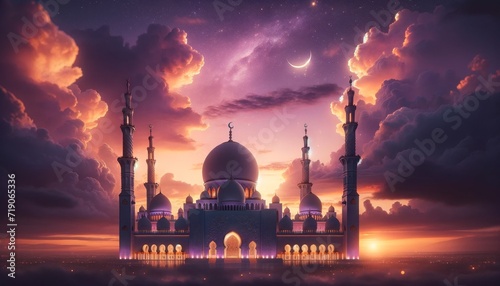 Beautiful View of the Mosque Under the Beauty of the Starry Night Sky and Crescent Moon