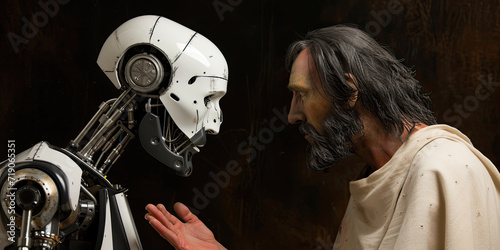 Jesus with AI future robot, artificial intelligence futuristic Bible art, religious robots, generated ai