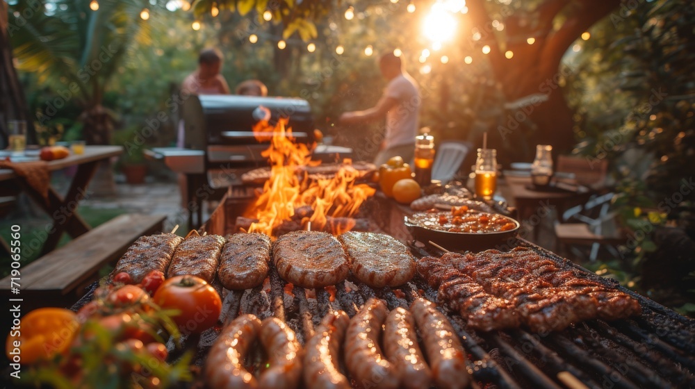 Barbecue with sausages and family in the garden Barbecue with sausages and family in the garden