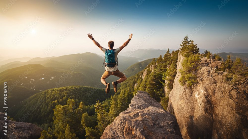 Obraz premium أعطني خمسين كلمة مفتاحية لهده الجملة وضع بينهم فاصلة The Thrill of Achievement- A Joyful Man Jumping with Arms Raised on the Cliffside