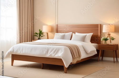 Clean wood bed. Light bedroom. Modern apartment interior. White sheet, soft pillow, blanket and bedside table. Home, hotel stylish design. Comfortable bedding set. Rent business. Real estate agent. © Marina Demidiuk