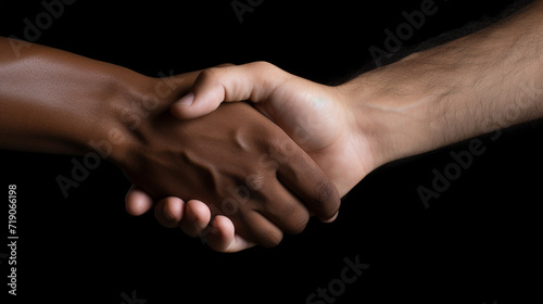 Two multiracial people shaking hands - ai generative photo