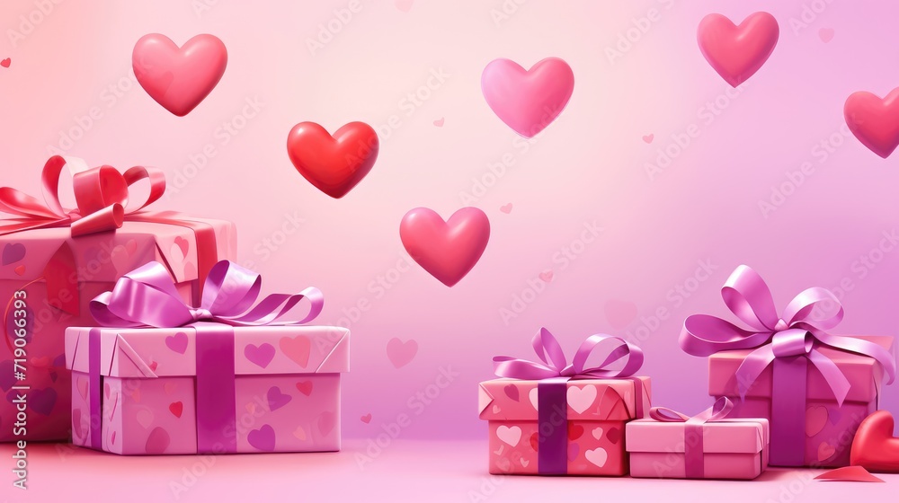Drawn gifts with hearts on a pink background