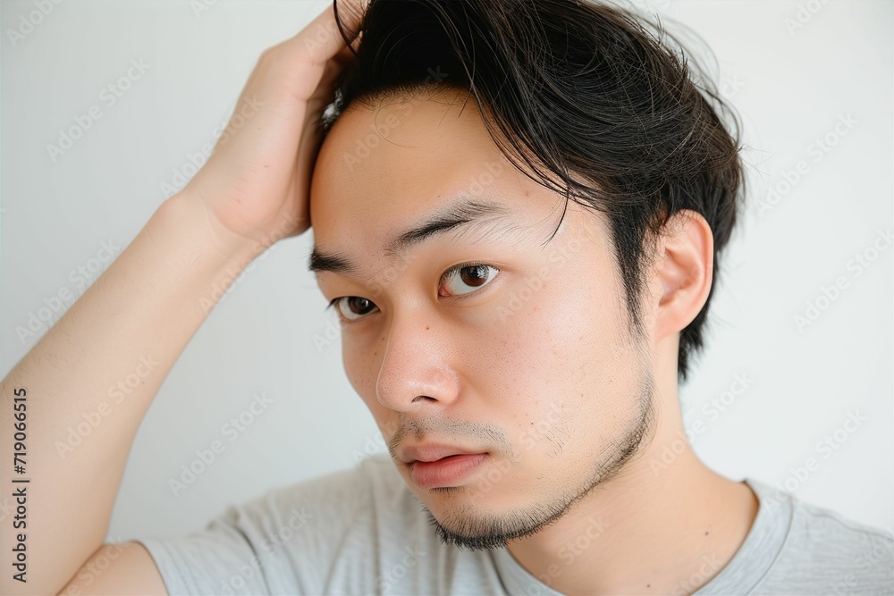 生え際の薄毛に悩む男性(AGA・男性型脱毛症・若ハゲ・M字ハゲ・はげ・育毛剤) 生え際の薄毛に悩む男性(AGA・男性型脱毛症・若ハゲ・M字ハゲ・はげ・育毛剤)