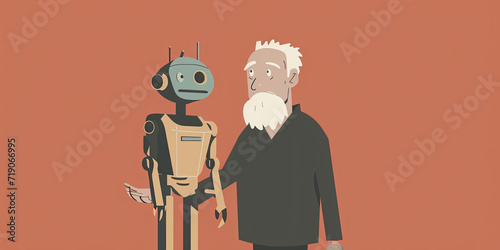 Elderly old man with robot Ai artificial intelligence assistant helper, futuristic helping robots, generated ai