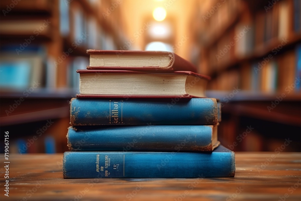 Knowledge hub Stacks of books, wooden table, blurred bookshelf environment Knowledge hub Stacks of books, wooden table, blurred bookshelf environment