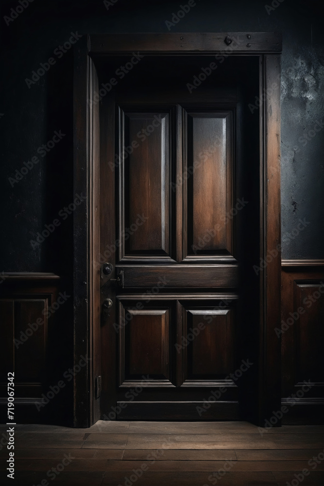 A frontal view of a dark room with an old wooden door, dark and mysterious atmosphere