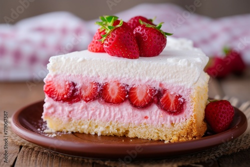 Sweet indulgence Strawberry cheesecake presented appetizingly on a wooden table