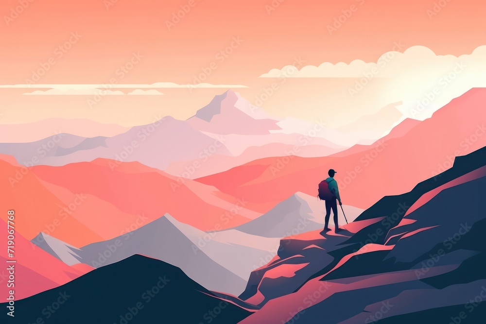 Silhouette of young man standing and open arms watched of the mountain, sunrise sunset. He enjoyed traveling. alone. Travel and nature. people walking alone, freedom, relax and inspirational lifestyle