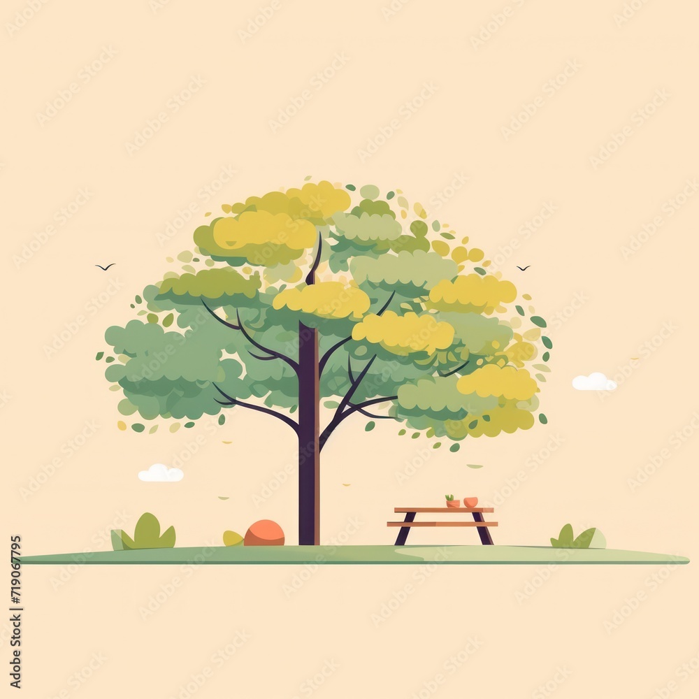 Picnic under the shadow of a big tree on a bright, sunny day out in the park. flat style illustration.