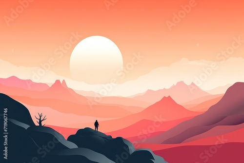 Silhouette of young man standing and open arms watched of the mountain  sunrise sunset. He enjoyed traveling. alone. Travel and nature. people walking alone  freedom  relax and inspirational lifestyle