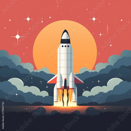 Rocket launch in the sky flying over clouds. Space ship in smoke clouds. Business concept. Start up template. Simple modern flat cartoon design. Space travel.