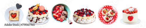 Set of isolated homemade desserts and cakes with fresh berries. Toast, pavlova, chocolate ice cream, cupcakes and cakes on colorful plates