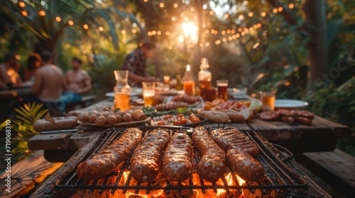 Barbecue with sausages and family in the garden