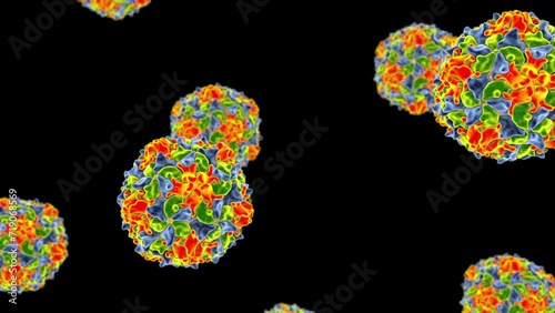 Dynamic 3D animation featuring polioviruses floating, illustrating the infectious nature of the polio virus, a vaccine-preventable disease.