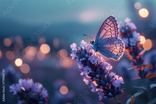 Amazing beautiful colorful natural scenery. Lavender flowers and butterfly in rays of summer sunlight in spring outdoors on nature macro, soft focus. Atmospheric photo, gentle artistic image. © Irina Mikhailichenko