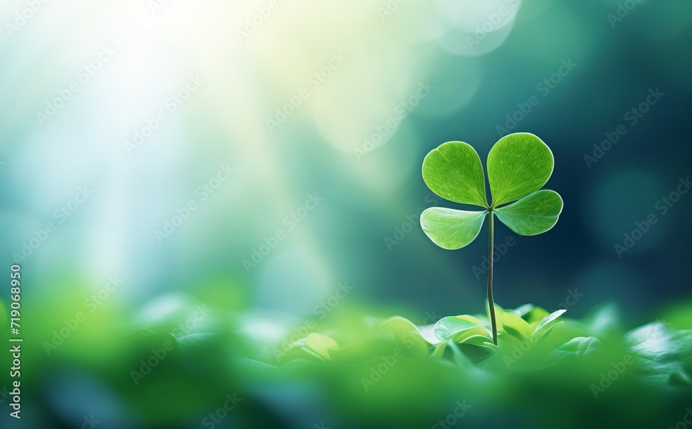 Obraz premium one leaf of clover under the rays of the sun. St. Patrick's Day. copy space