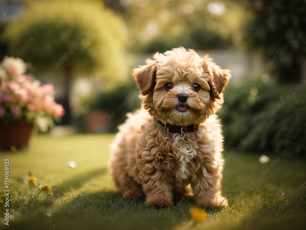 A Fluffy Maltipoo Puppy with a Happy Face Playing in a Garden A Fluffy Maltipoo Puppy with a Happy Face Playing in a Garden
