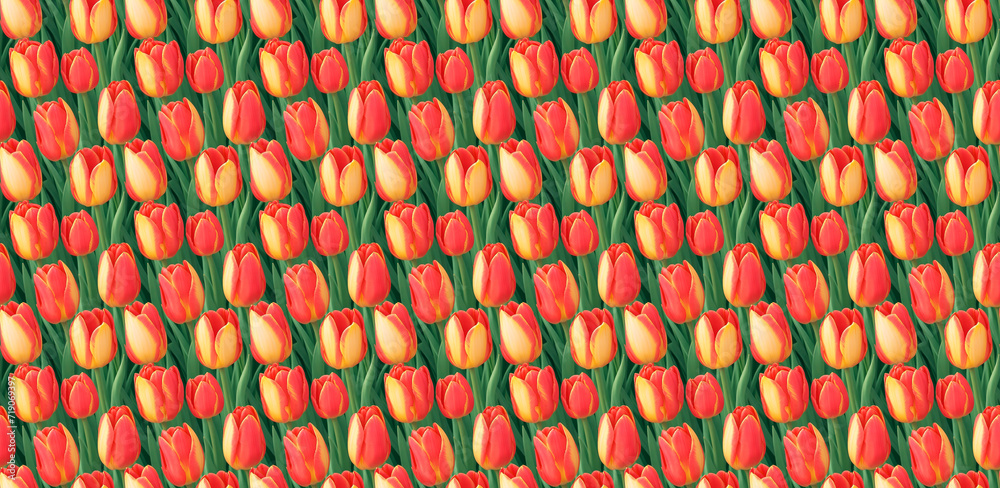 Fototapeta premium Seamless pattern with red and yellow tulips on green background. Banner with flowers. Greeting card template. 