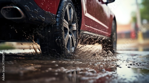 Red car drives through puddles after the rain. A car's tire splashes water on a wet surface. Dynamic motion, blurred background.