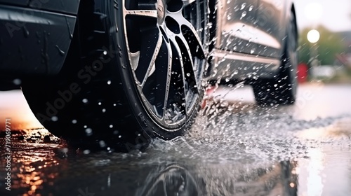 Closeup of dark car's tire splashes through a puddle after the rain. Dynamic motion, blurred background. © lanters_fla