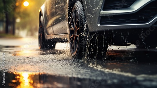 Car drives through puddles after the rain. Closeup of car's tire splashes through a puddle on a wet street.