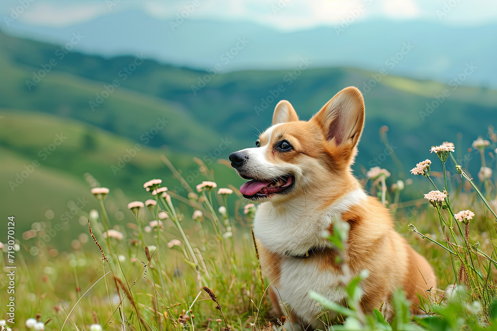 A corgi on a beautiful green hill A corgi on a beautiful green hill
