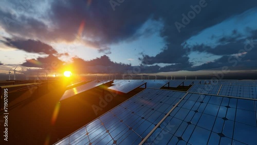 Aerial flight over solar cells with dark clouds.