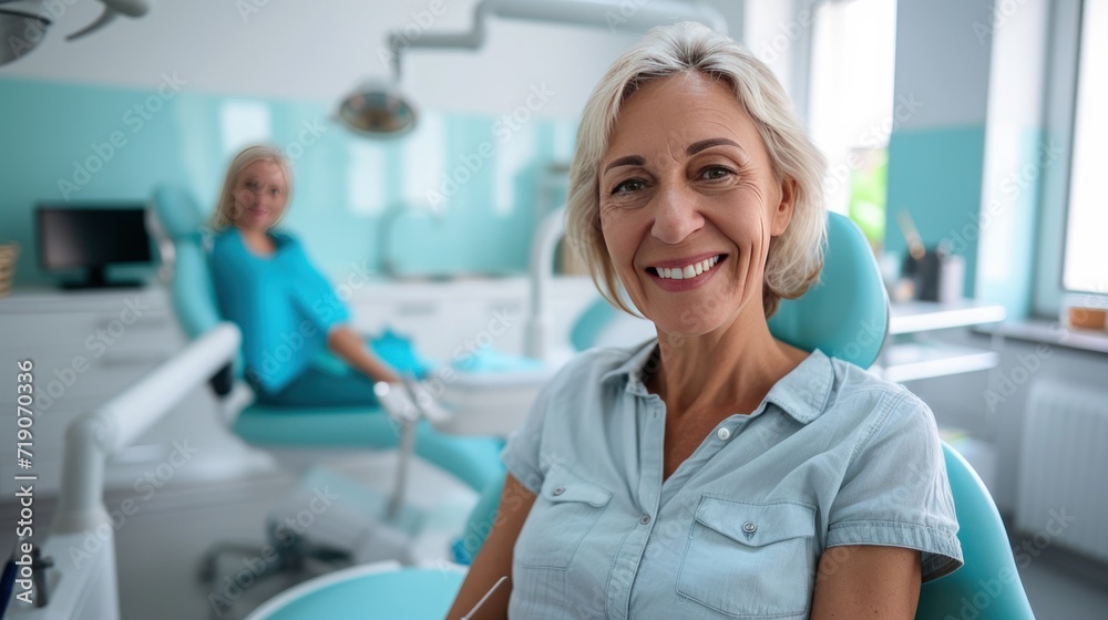 Fototapeta premium Satisfied senior woman in dentist's office