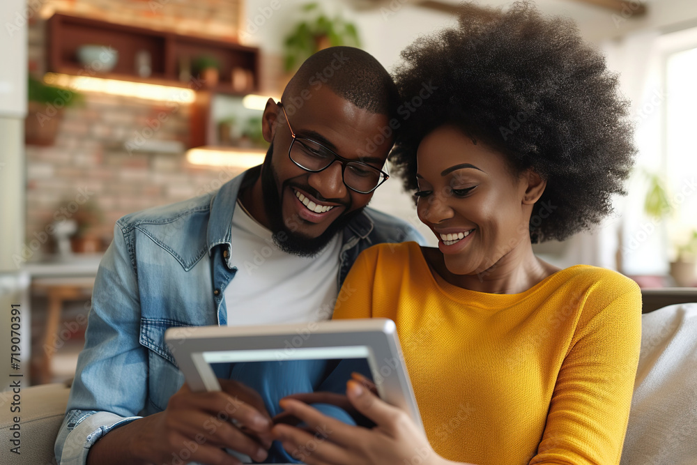 technology, internet and people concept - happy african american couple with tablet computer at home technology, internet and people concept - happy african american couple with tablet computer at home