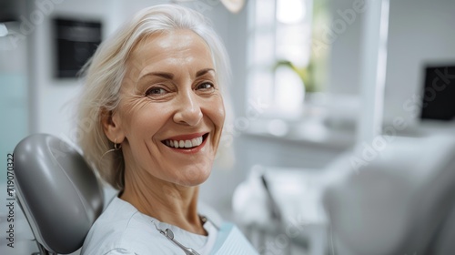 Satisfied senior woman in dentist's office
