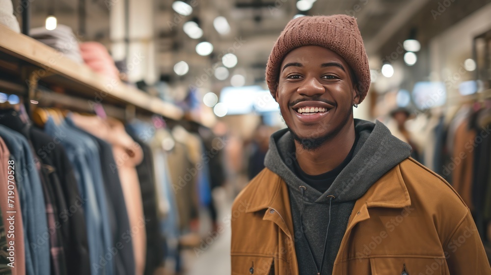 A young black American man enjoys shopping in a clothing store at the mall. A young black American man enjoys shopping in a clothing store at the mall.