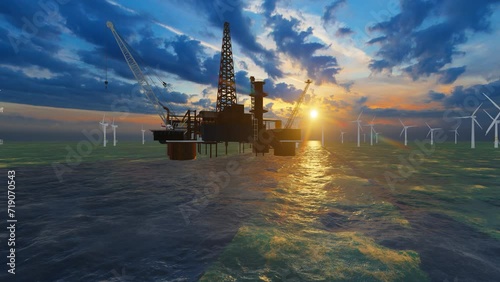 Oil rig and wind turbines with beautiful sunset.
