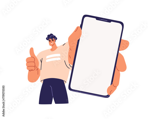 Mobile phone screen in hand. Happy man showing blank smartphone display mockup, recommending, advertising cell app. Young guy holding cellphone. Flat vector illustration isolated on white background