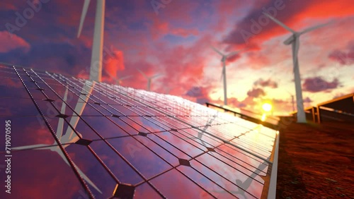 Rotating wind turbines on a solar panel farm.