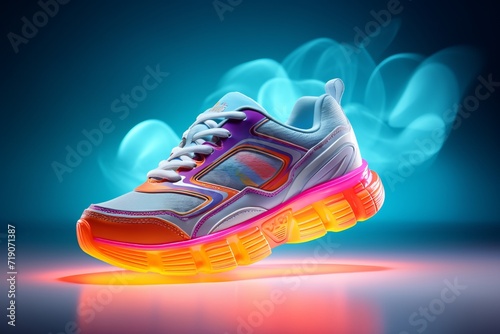 one bright sneaker on a background of blue smoke
