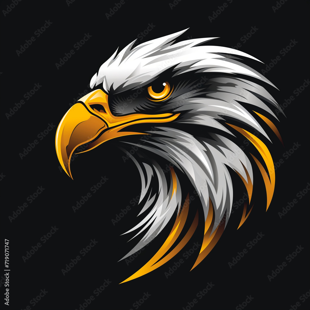Fototapeta premium Dynamic AI logo: A majestic gold and silver eagle, exuding strength with sharp eyes, soaring on a sleek black background. Symbolizes precision and power.