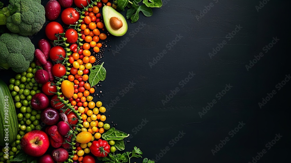 Top view of fruits are kept like DNA shape gene concept in a dark surface with a big copy space, Generative AI.