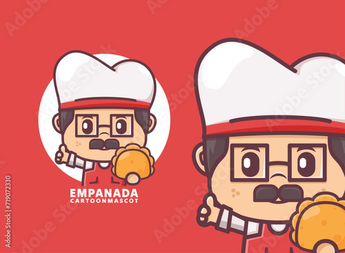 cute chef cartoon with empanada, food vector illustration, logo mascot