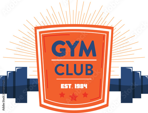 Bold gym club logo with a crest, dumbbells and sunburst in orange and blue. Fitness emblem with weights and vintage design promoting strength training.