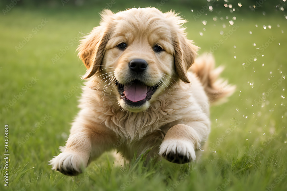 Cute Golden Retriever Playing Joyfully in the Garden - Generative AI Image Cute Golden Retriever Playing Joyfully in the Garden - Generative AI Image