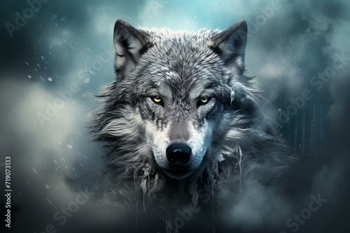 Mystical wolf portrait in a surreal realm. Breathtaking backdro... Generative AI photo