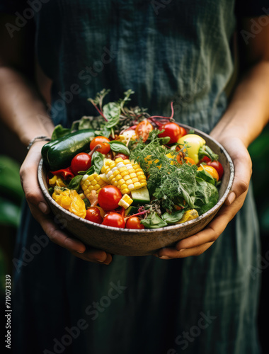 Hands holding a bowl full of seasonal vegerables for salad or dinner. Cooking and healthy organic food concept.